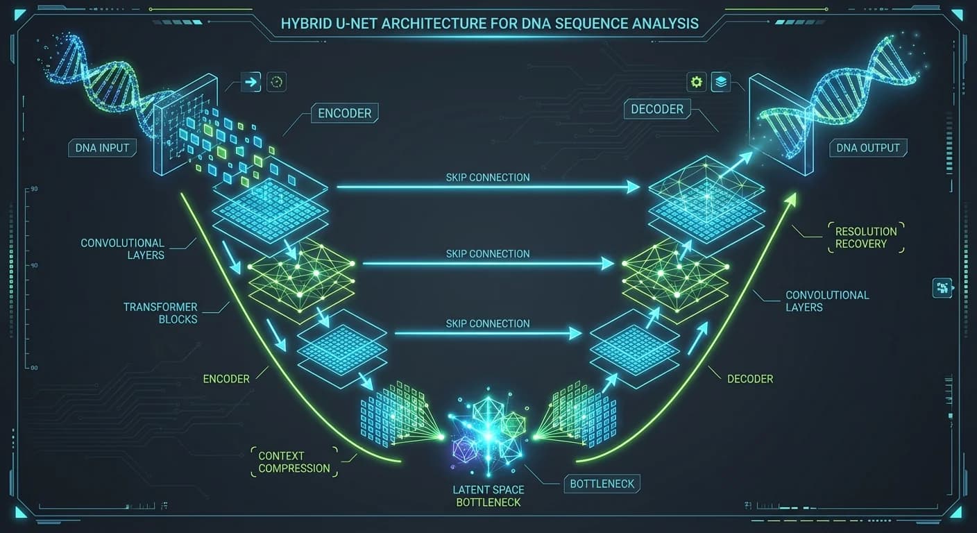 U-shaped Network Structure, DNA Helix Input and Output, Encoder-Decoder Data Flow, Schematic Tech Icons