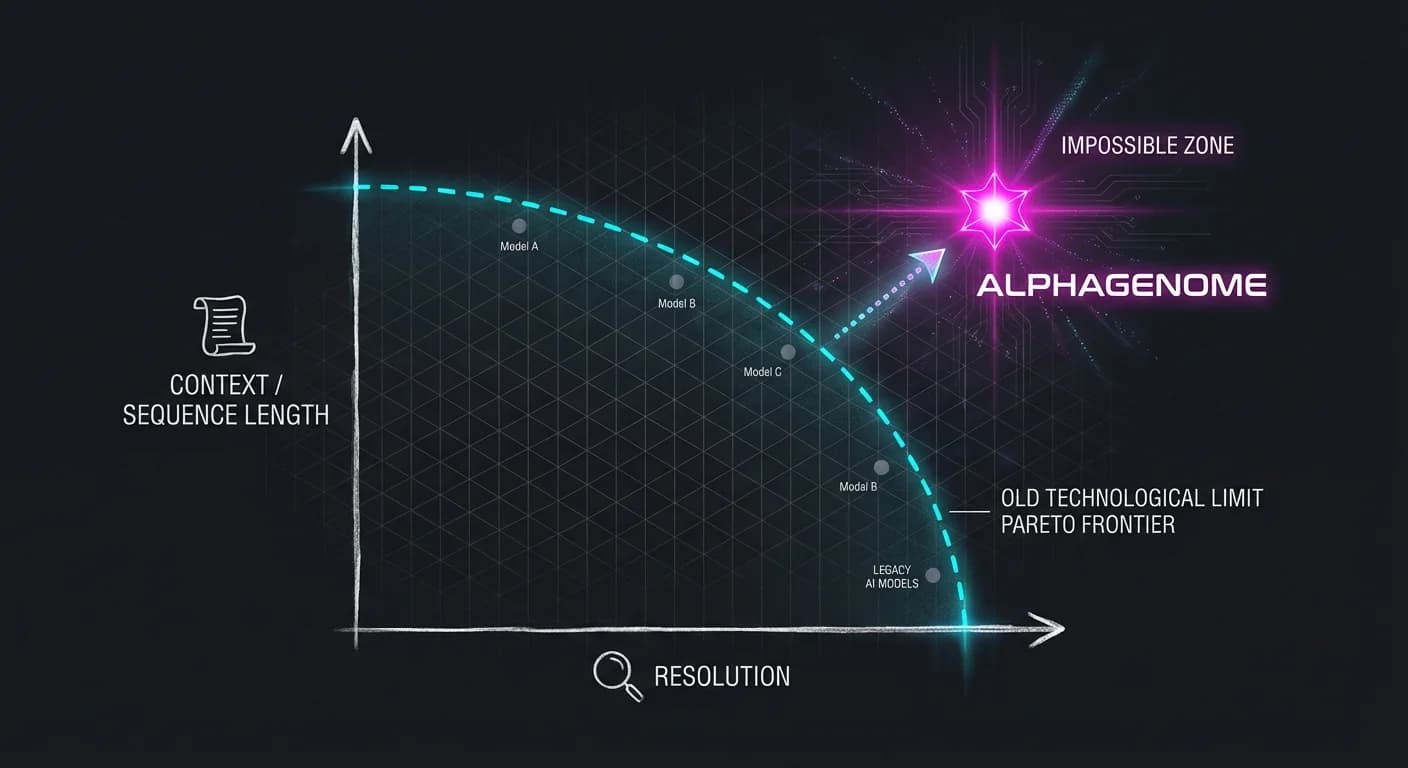 Cartesian Graph (Resolution vs Context), Neon Cyan Dashed Curve (Old Limit), Glowing Magenta Star (AlphaGenome), Dark Mode Engineering Sketch Aesthetics