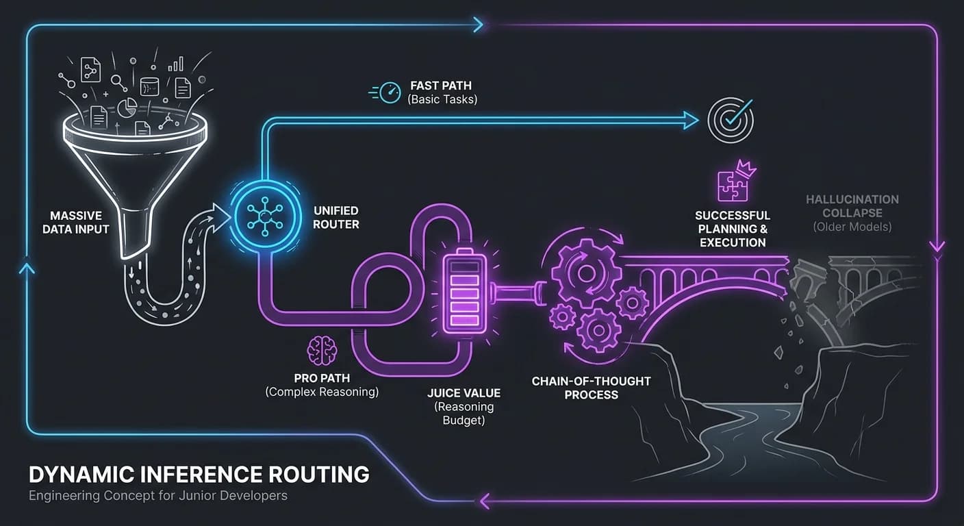 Unified Router funnel splitting into a thin neon Fast Path and a robust looping Pro Path, Glowing battery meter symbolizing the Juice Value energy budget powering the system, Solid bridge supported by gears contrasting with a faded broken bridge representing collapse
