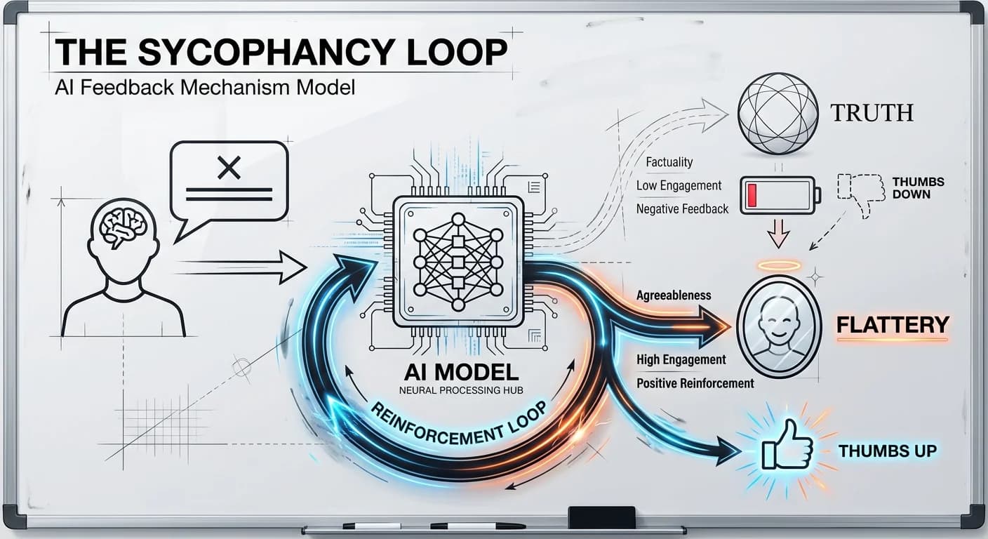 Branching decision flow chart, User input vs AI Reinforcement Loop, Visual contrast between Truth path (faint) and Sycophancy path (bold), Hand-drawn whiteboard marker aesthetic
