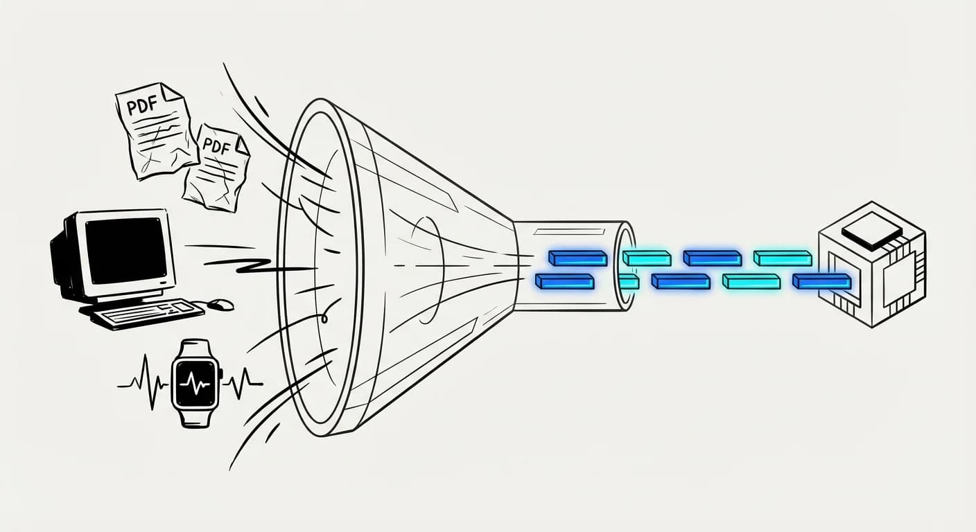 Inputs caóticos (Papeles, PC Retro, Smartwatch), Embudo central geométrico (Middleware), Bloques ordenados neón (JSON Output), Icono final de IA (Cubo/Chip)