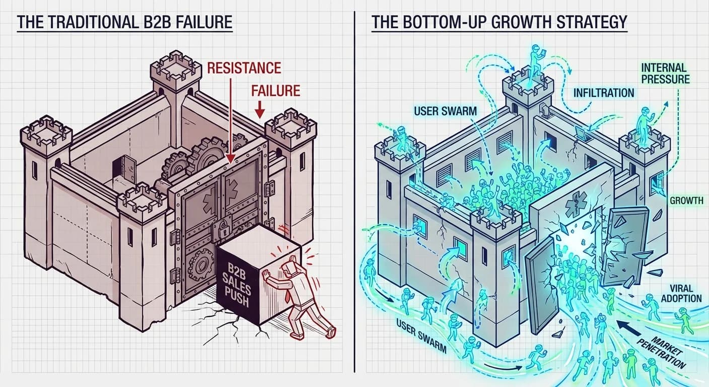 Split composition: Top (Static Blockage) vs Bottom (Fluid Infiltration), Stylized isometric hospital fortress with medical symbols, Contrast between heavy single block vs fluid swarm of glowing dots/users, Technical sketch aesthetic with schematic arrows and grid lines