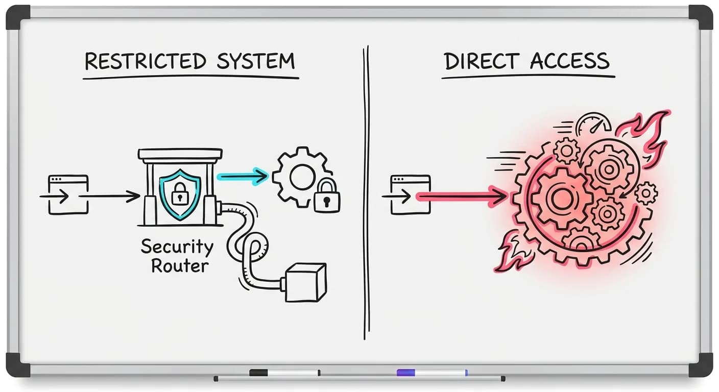 Escudo de seguridad con caminos bifurcados a la izquierda, Flecha roja gruesa y directa hacia un motor masivo a la derecha, Estetica de diagrama de pizarra minimalista con iconos