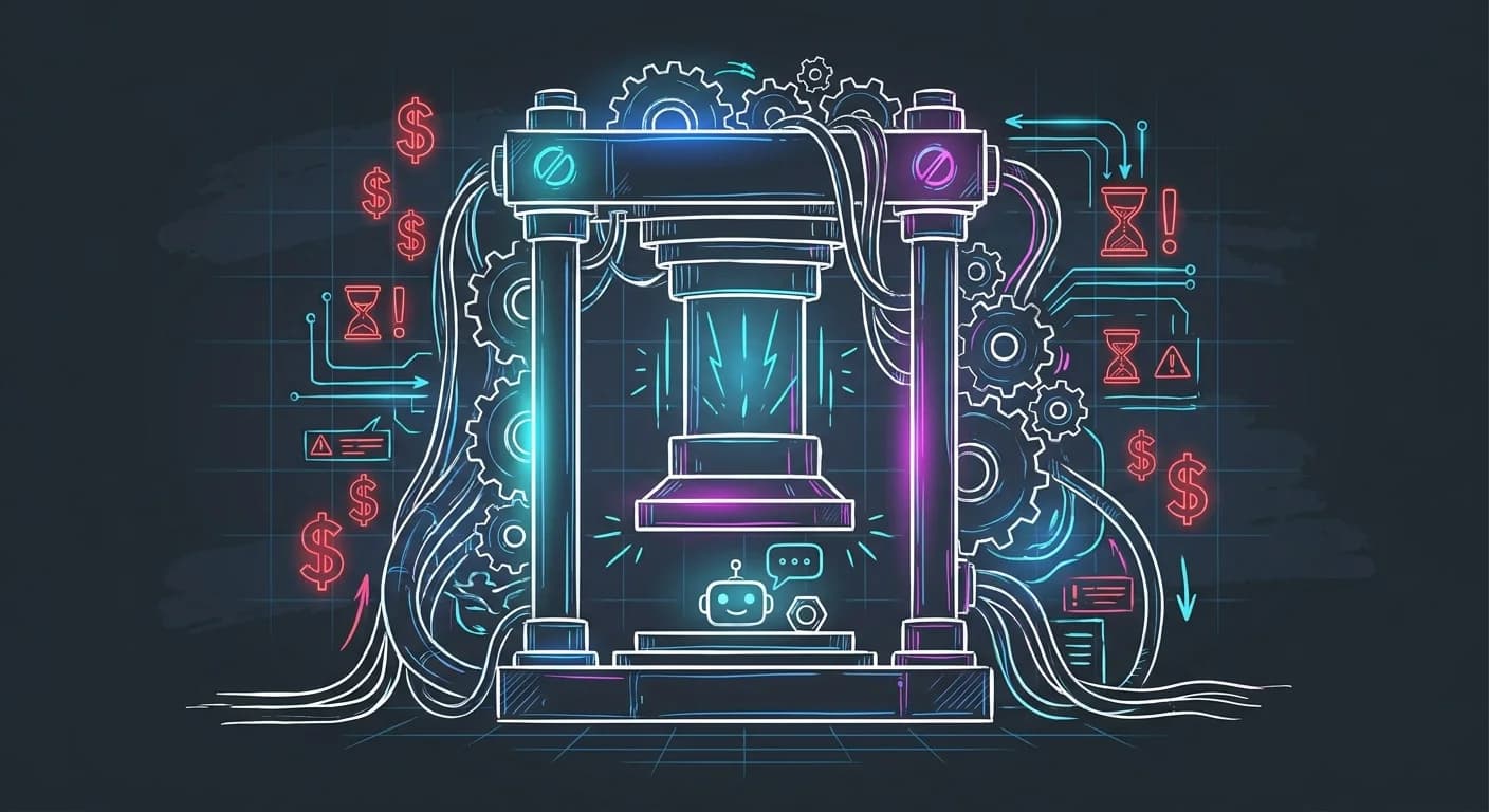 Prensa hidraulica gigante y compleja con acentos neon, Nuez diminuta o icono de chatbot simple bajo la prensa, Flechas esquematicas e iconos de advertencia de costo y latencia