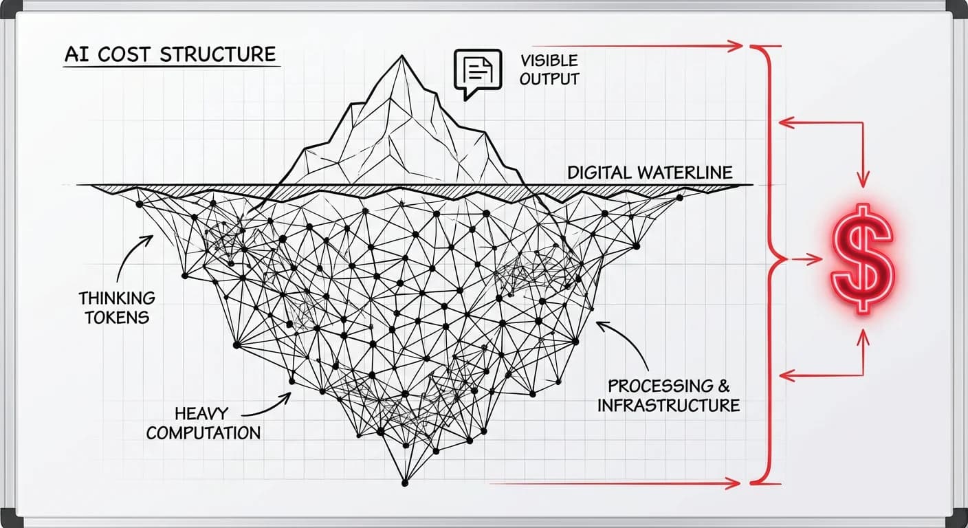 Stylized Iceberg (Chat Bubble Top vs Wireframe Bottom), Engineering Dimension Bracket, Neon Red Dollar Sign Icon, Clean Grid Background