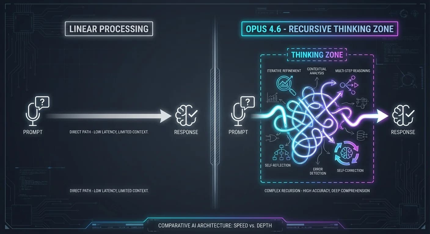 Linear vs Recursive Path Comparison, Glowing Neon Rumination Knot, Minimalist Technical Icons, Dark Mode Engineering Sketch