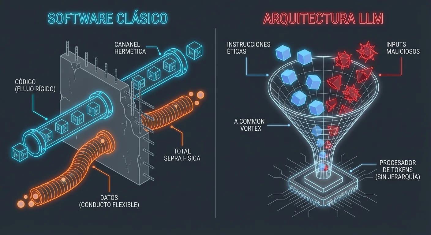 Separación rígida vs Mezcla caótica, Embudo de estructura alámbrica (Wireframe), Bloques azules seguros y formas rojas con pinchos, Estilo isométrico de ingeniería