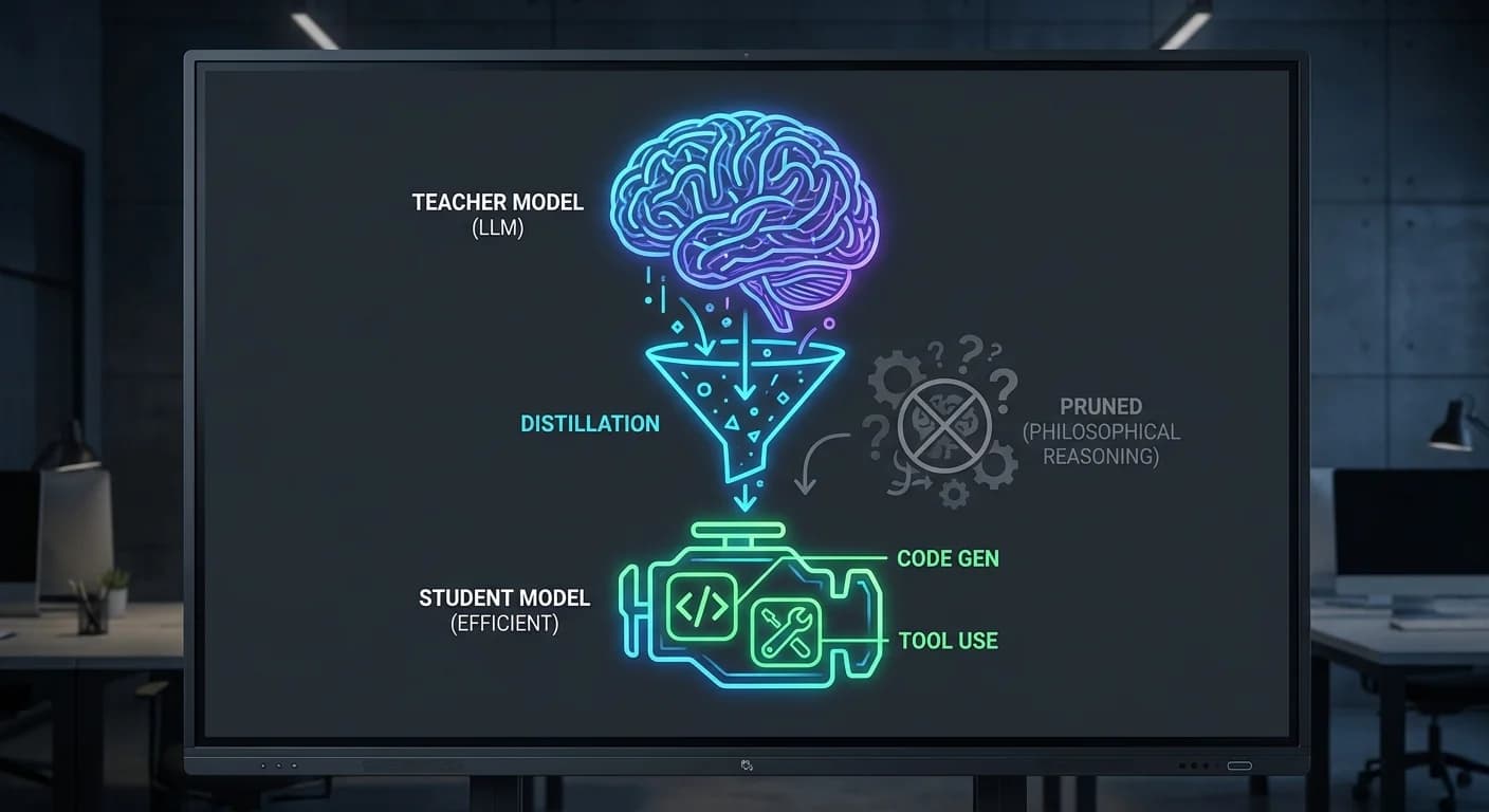 Massive intricate brain funneling geometric data, Sleek compact engine with glowing code and tool icons, Discarded faded gears representing pruned abstract knowledge
