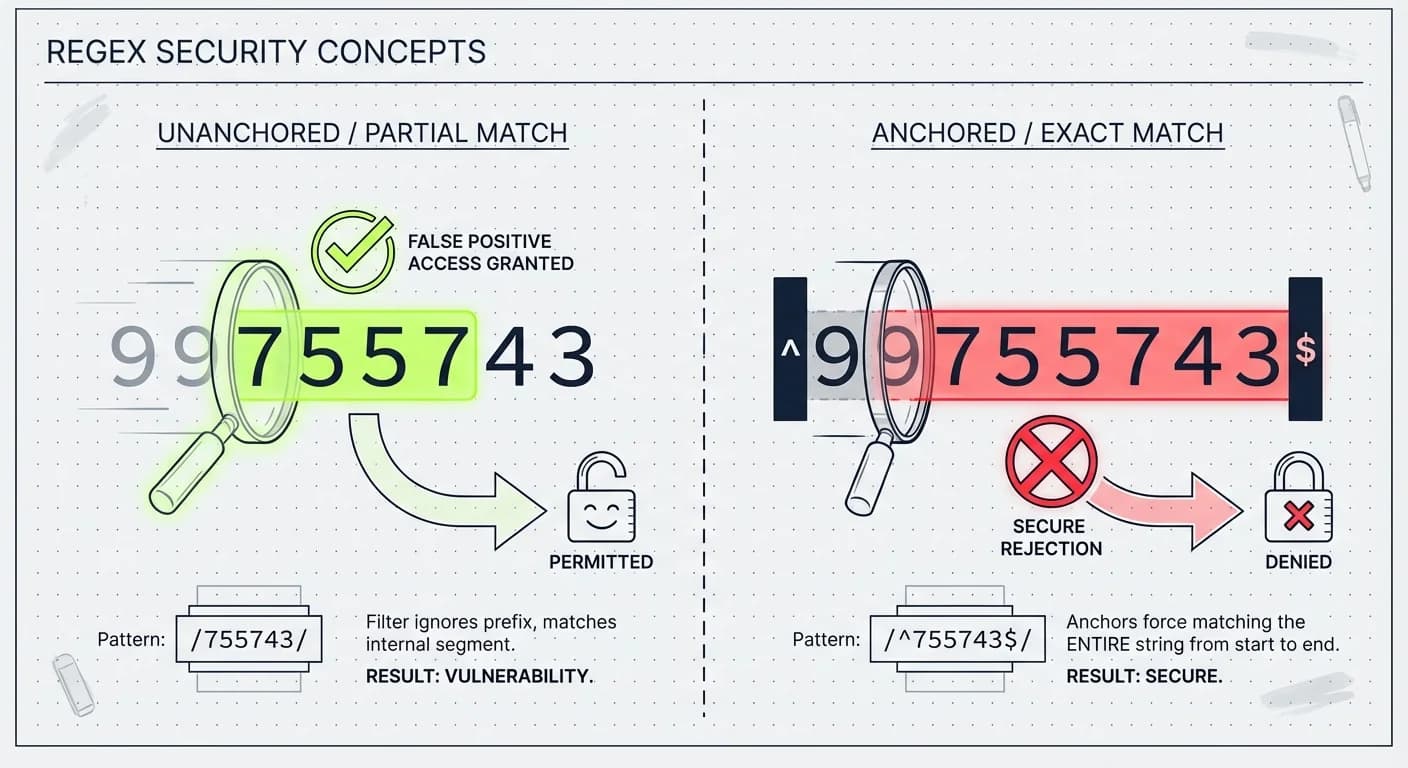 Split-screen comparison (Vulnerable vs Secure), Scanning lens with and without physical anchor barriers, Monospace data string '99755743', Neon Green (False Positive) and Warning Red (Rejection) accents