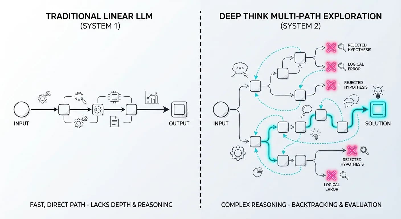 Linear arrow vs Branching tree, Neon Red X for errors, Glowing Cyan success path, Split screen comparison