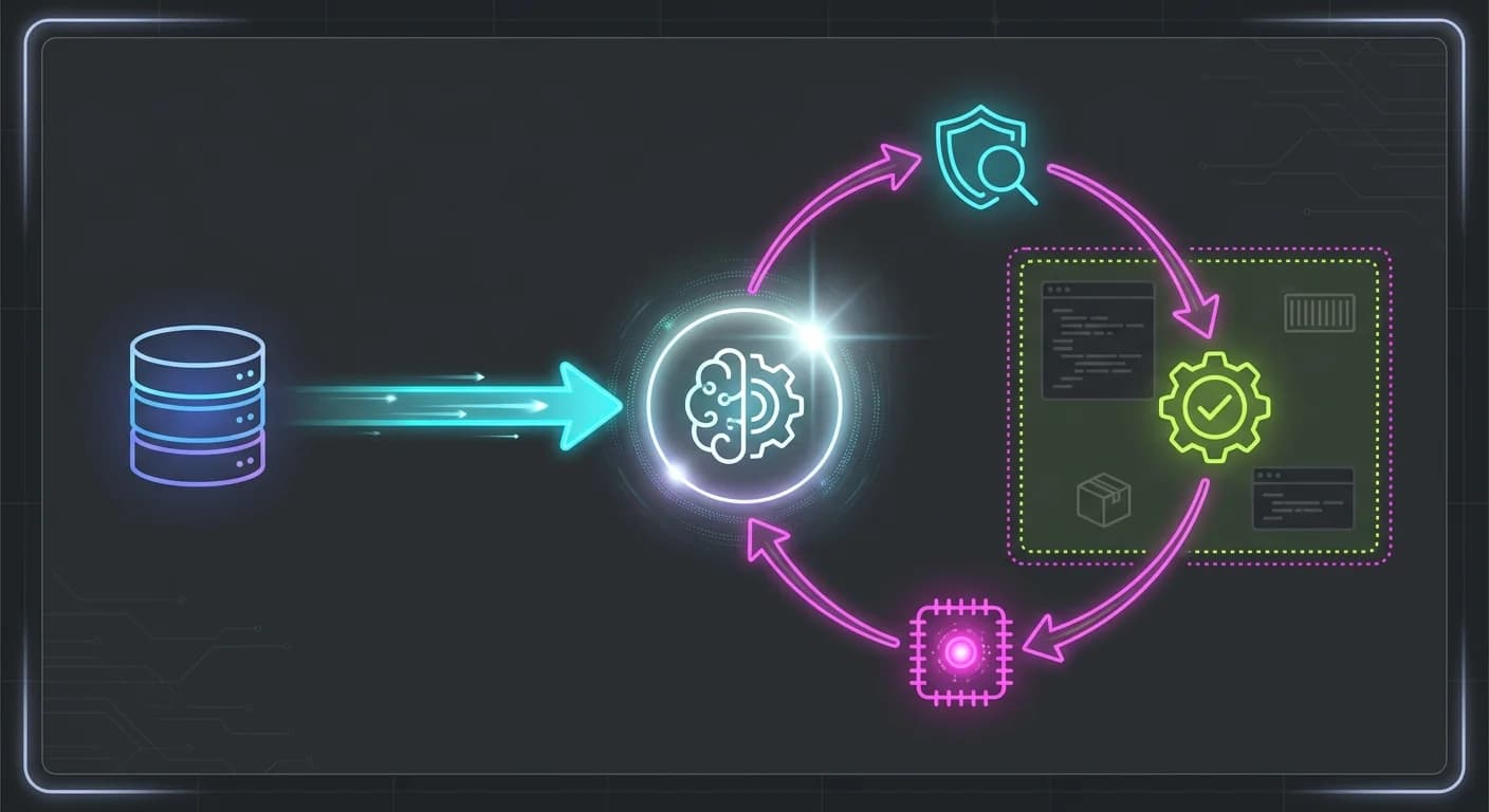 Nodo central del Agente Gemini con ícono de IA, Cilindro de repositorio y caja punteada de Sandbox, Bucle de retroalimentación con íconos de escudo, check y parche