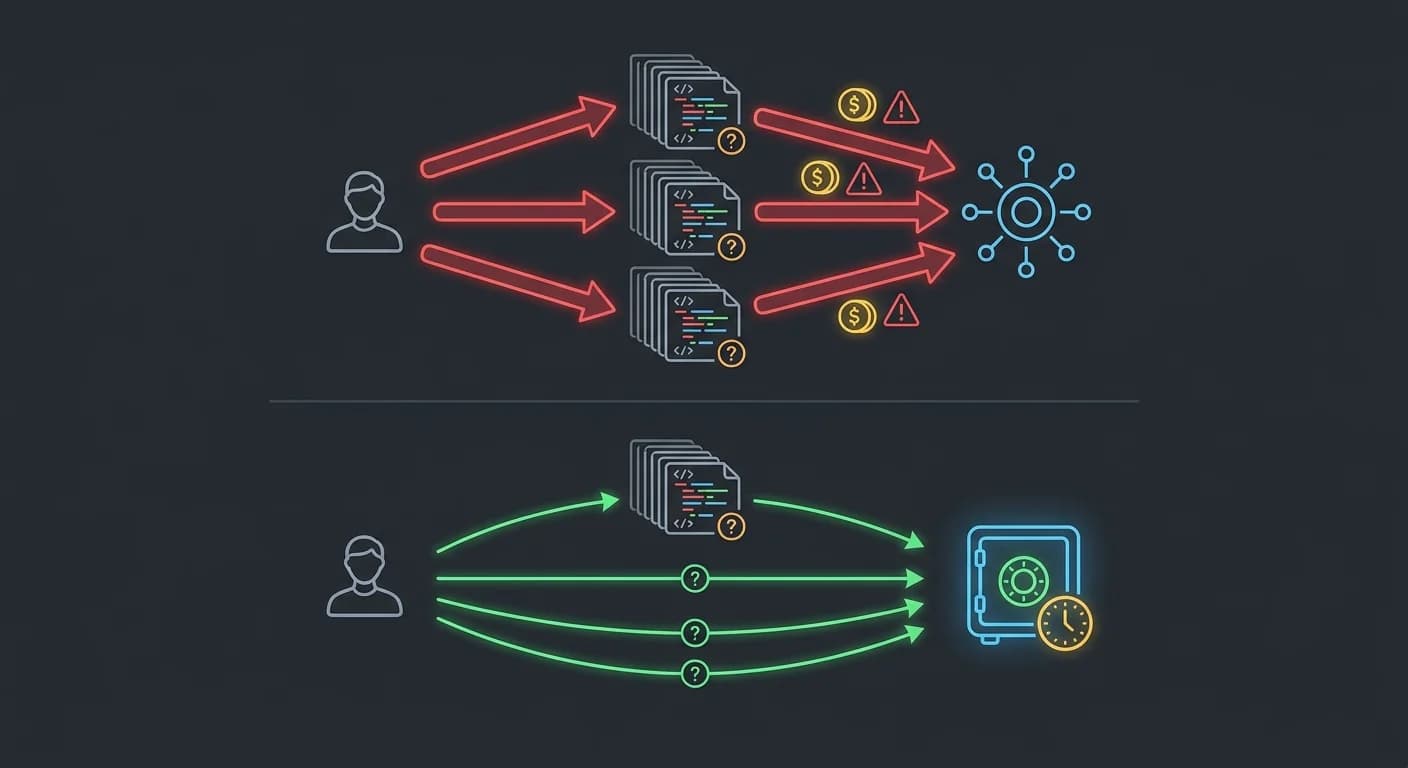 Comparativa visual de flujo pesado vs flujo optimizado, Icono de Bóveda de Memoria con temporizador, Contraste de flechas rojas gruesas y flechas verdes delgadas