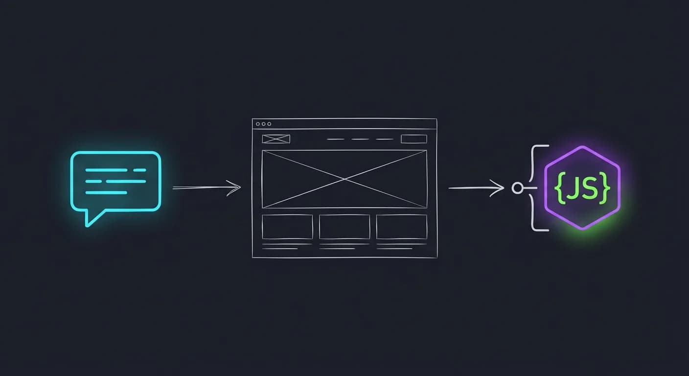 Icono de burbuja de chat (Prompt), Wireframe esquemático UI, Bloque de código JS inyectado, Flechas de flujo direccional