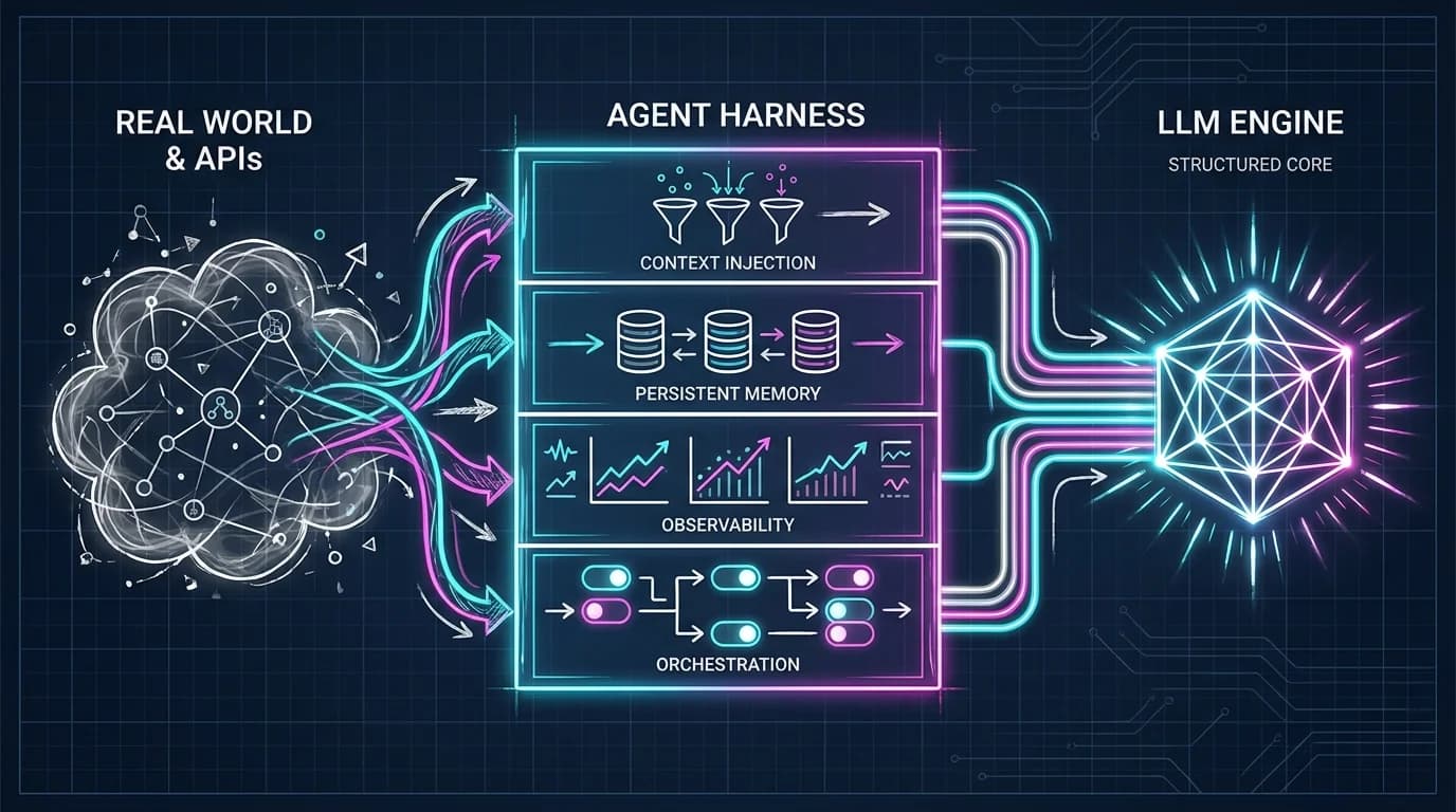 Nucleo LLM estructurado a la derecha y nube caotica de nodos a la izquierda, Bloque central Agent Harness dividido en 4 capas transversales, Cables de datos gruesos que se ordenan al pasar por el centro, Iconos minimalistas de embudos, cilindros, graficos e interruptores sin texto complejo