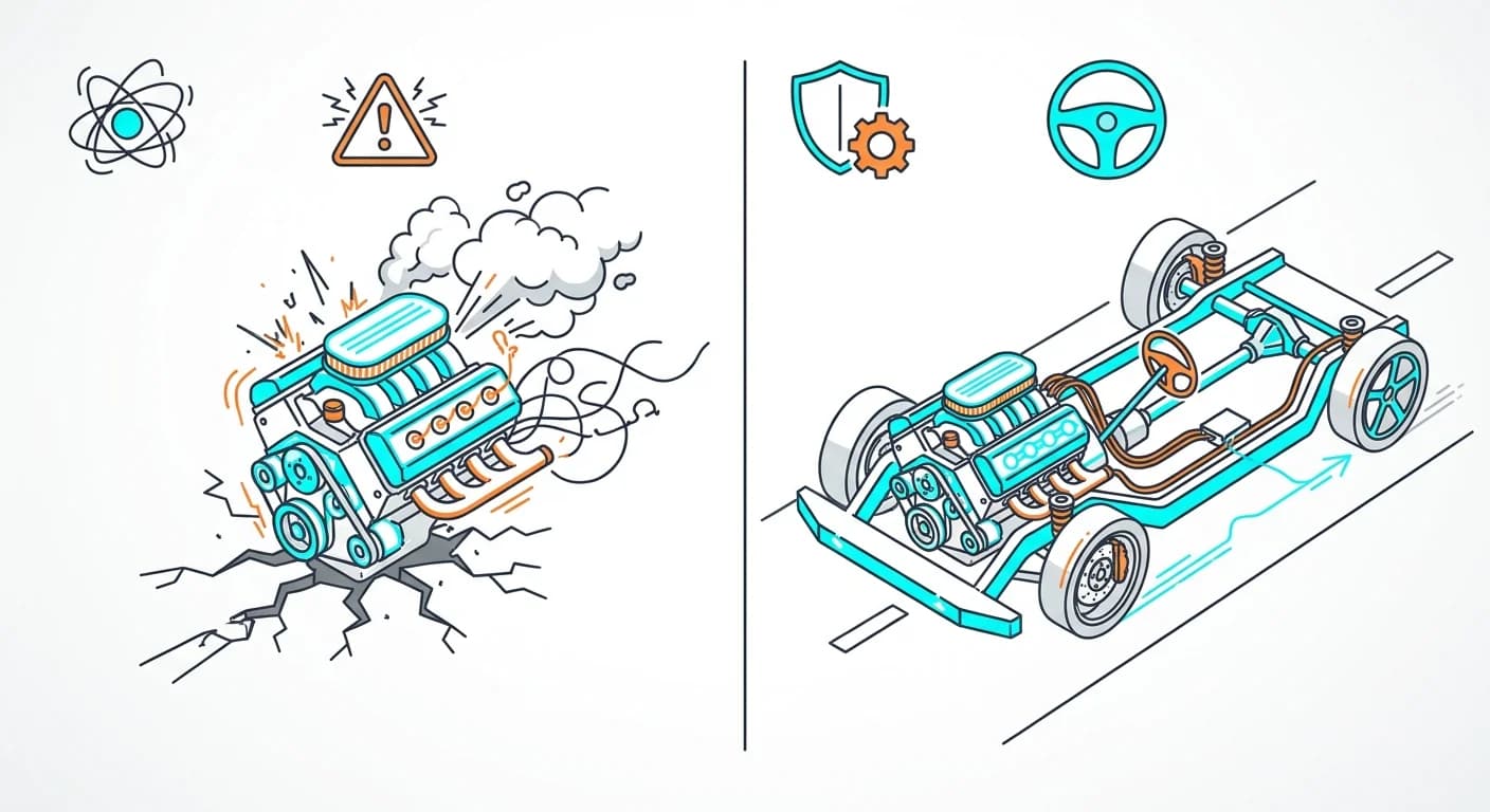 Motor V8 descontrolado y humeante en el asfalto, Motor V8 dentro de un chasis tecnico estructurado, Iconos de advertencia y control en lugar de texto, Trazos de dibujo tecnico vectorial limpio