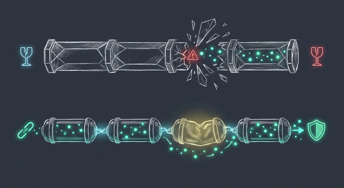 Tubería superior de cristal rígido rompiéndose por una pequeña grieta, Tubería inferior de cápsulas modulares donde una abolladura no detiene el flujo, Partículas de datos luminosas y símbolos de alerta o resiliencia