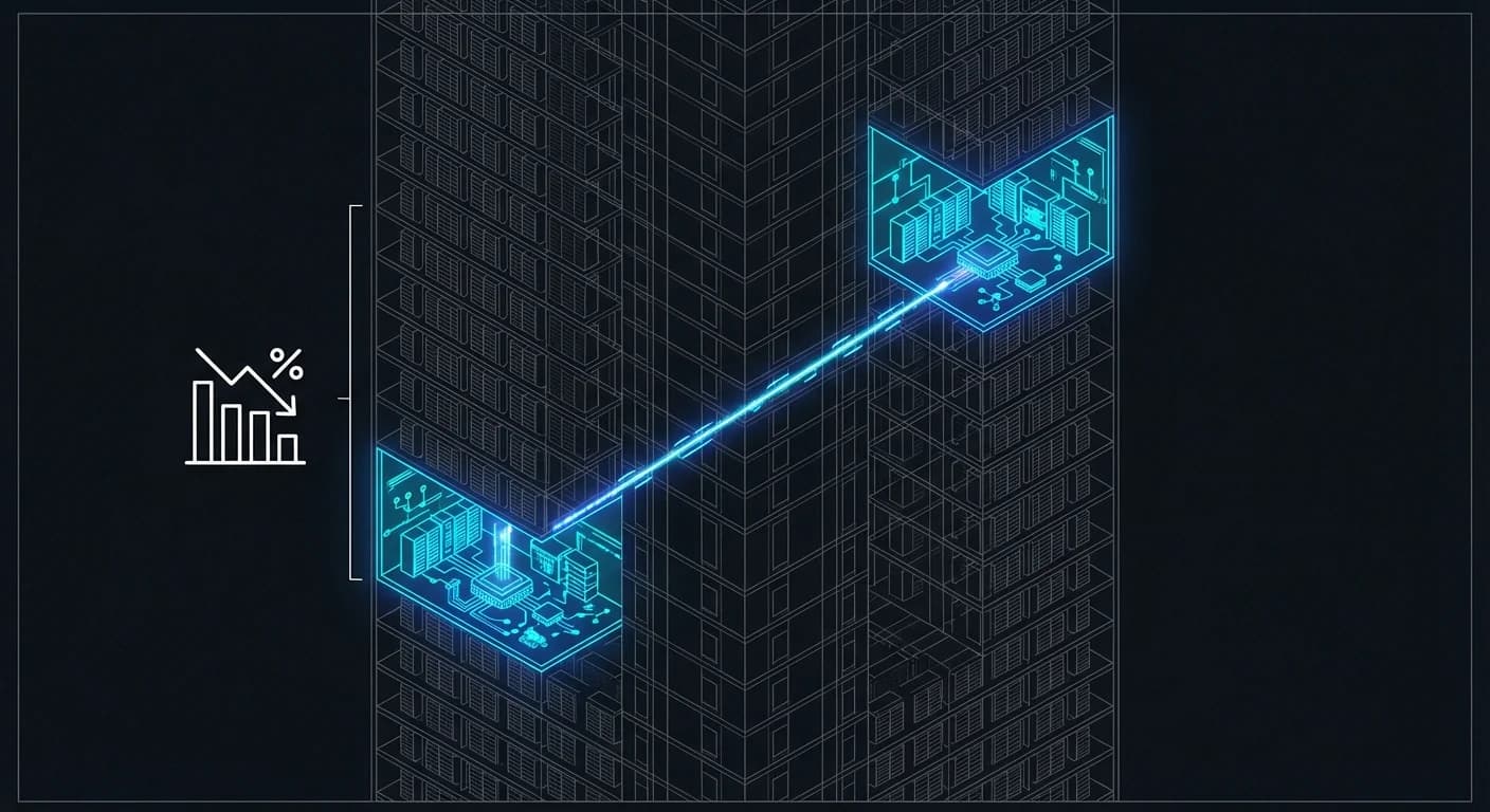 Monolithic Wireframe Skyscraper, Isolated Neon Active Zones, Glowing Data Connection Line, Clean Engineering Blueprint Aesthetics