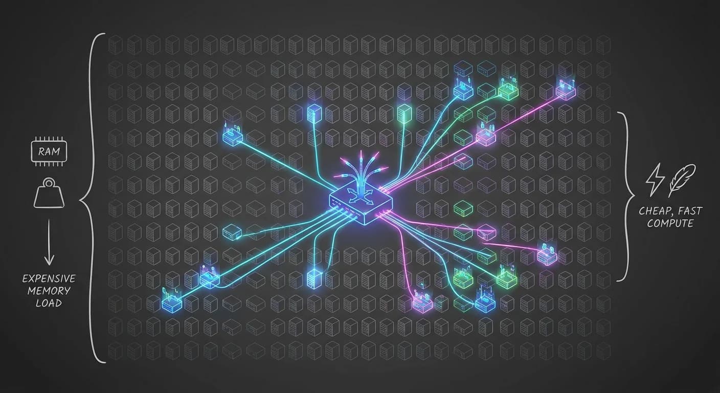 Grid of mostly inactive muted boxes representing heavy VRAM memory usage, Central router shooting glowing neon connections to exactly 16 active boxes, Minimalist engineering symbols like a heavy weight for memory and lightning for compute