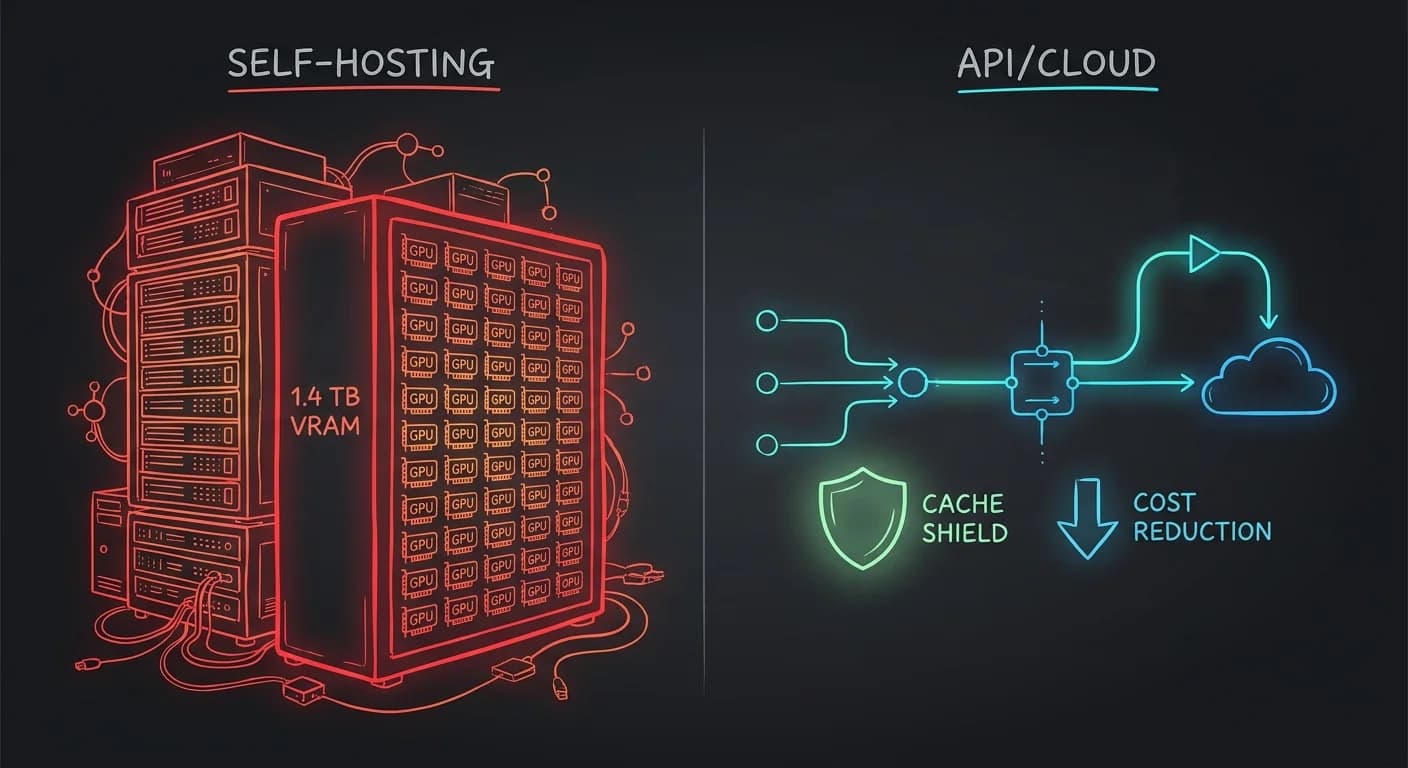 Rack de servidores denso y pesado (64 GPUs) en neón rojo/naranja, Diagrama de flujo ágil y minimalista hacia la nube en azul cian, Icono de escudo de caché brillante en verde con flecha de bajo costo, Contraste visual extremo entre fuerza bruta física y eficiencia lógica