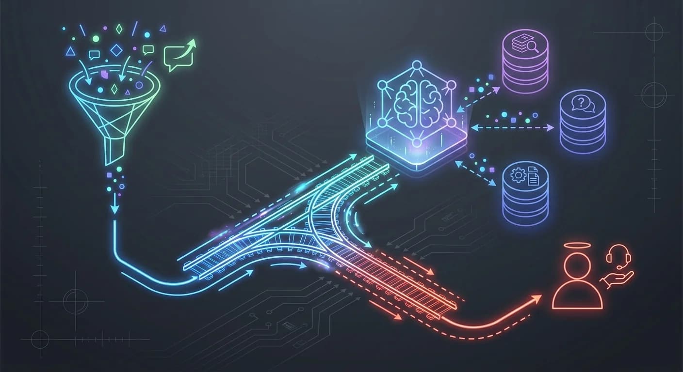 Embudo de entrada con icono de chat verde y flujo de datos, Enrutador semántico ilustrado como vías de tren o switch digital, Nodo central brillante (Cerebro RAG) conectado a cilindros de bases de datos, Vía de escape roja estilo tobogán para el Handoff humano
