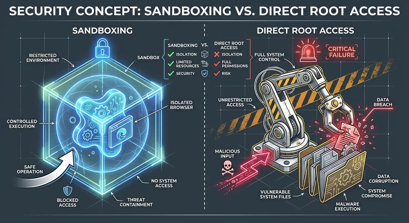 Wireframe Glass Sandbox Cube, Mechanical Robotic Arm, Red Malicious Data Stream, Yellow Hazard Stripes