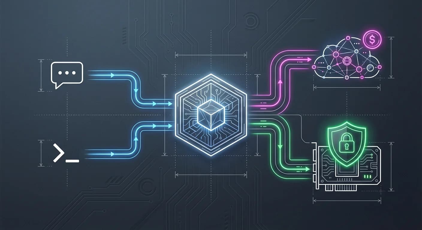 Central Geometric Node (Daemon), Bifurcated Data Flow (Cloud vs Local), Minimalist Tech Icons (Shield, Coin, Cloud, Chip), Dark Mode Blueprint Aesthetic