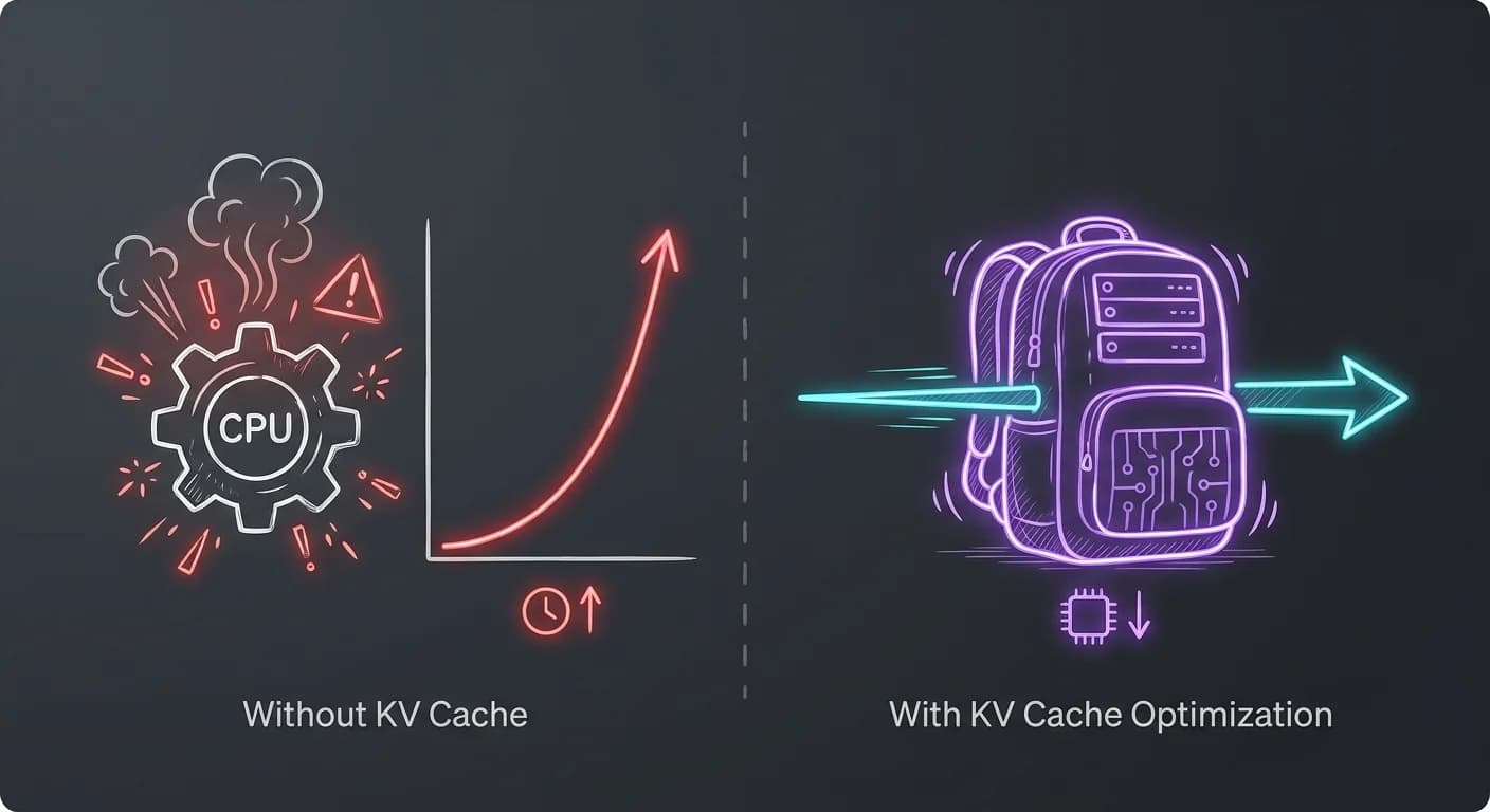 Engranaje de CPU sobrecalentado junto a una curva exponencial roja, Flecha recta cian representando velocidad lineal y alta eficiencia, Bloque de memoria gigante y pesado de color púrpura atado a la flecha