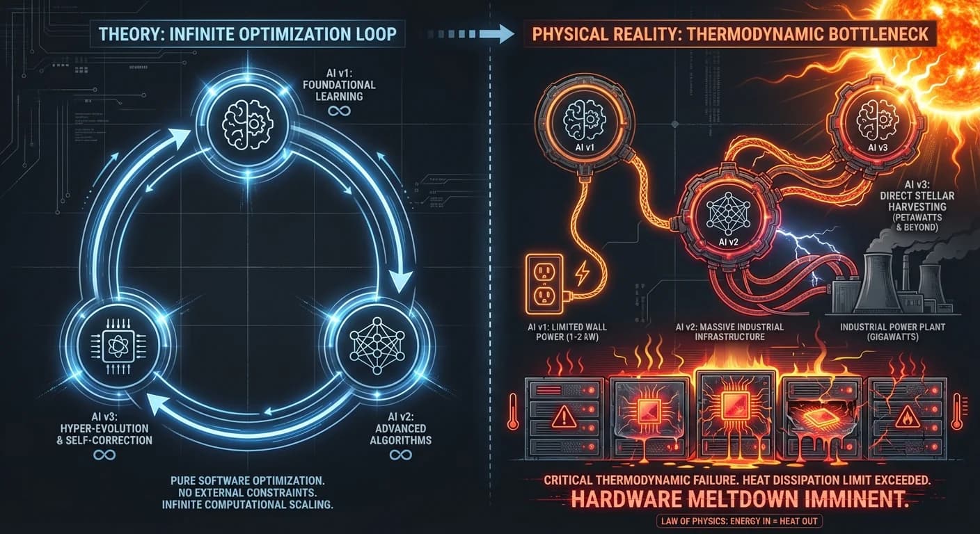 Recursive Software Loop vs Physical Constraints, Exponential Energy Sources (Socket, Plant, Sun), Melting Silicon Chips and Heat Waves, Dark Mode Engineering Schematic