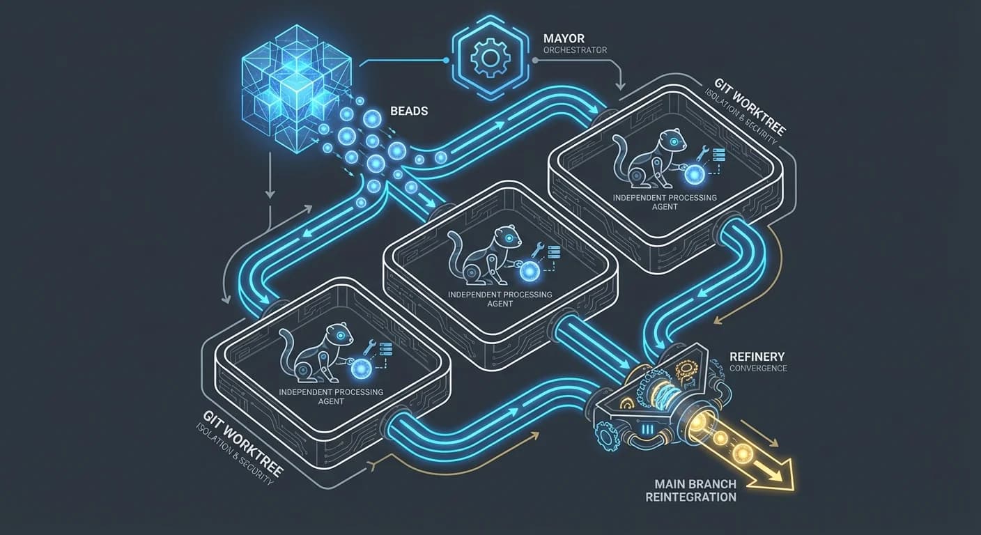 Central Mayor Node decomposing blocks, Parallel pipelines with glowing Beads, Isolated Worktree containers with Agent icons, Converging Refinery funnel merging streams