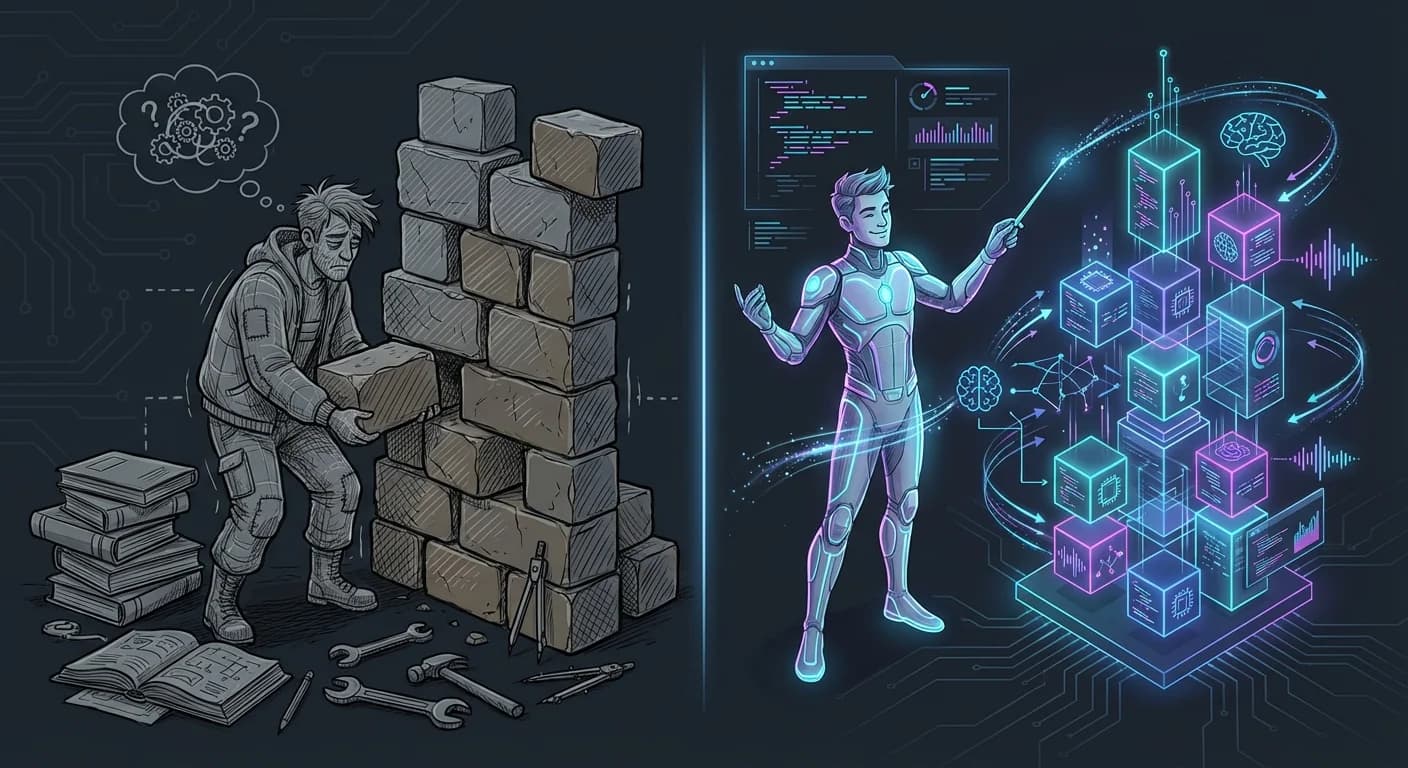 Split-screen comparison, Exhausted bricklayer vs. relaxed conductor, Self-assembling neon data blocks, Kinetic flow lines