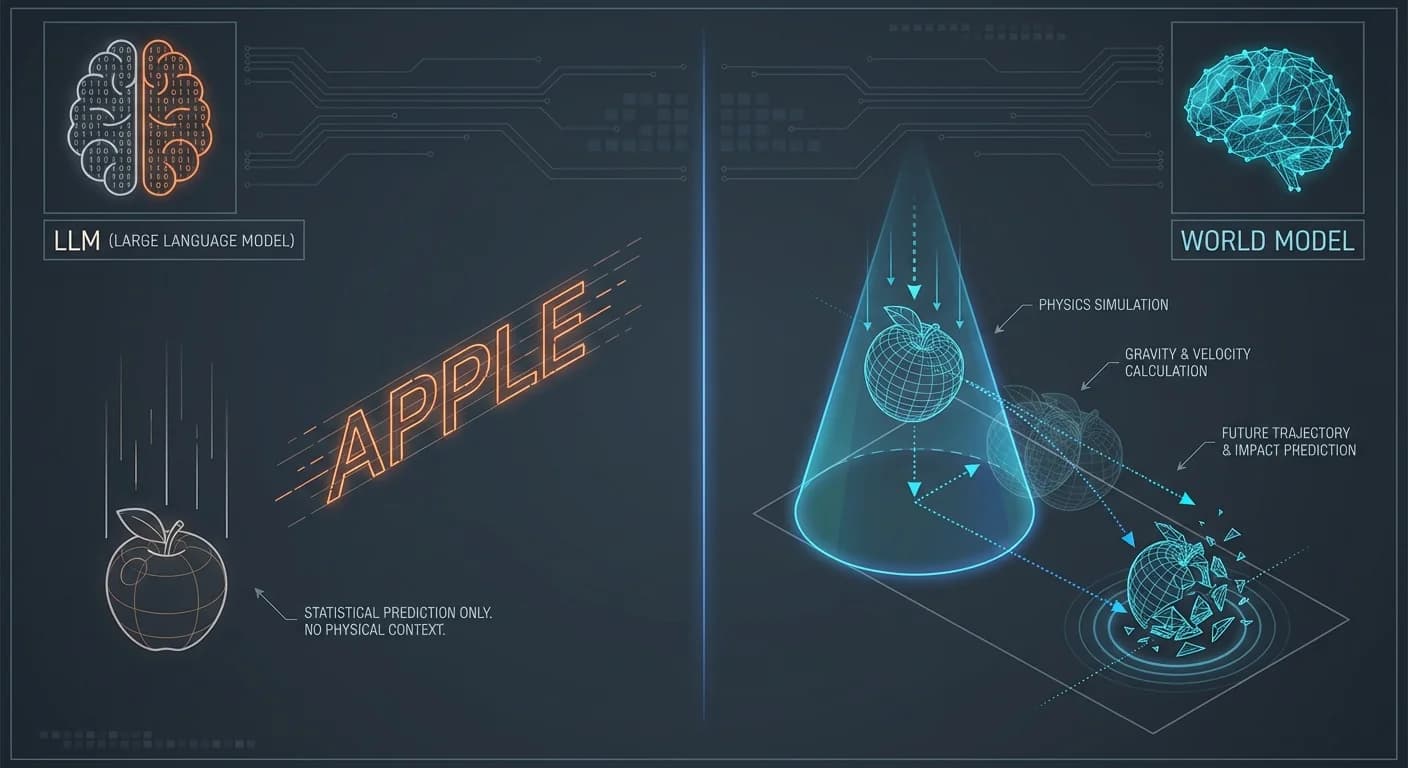 Split-screen comparison layout, Text-based Brain vs Wireframe Mesh Brain, Static prediction vs Dynamic physics trajectory, CAD engineering sketch aesthetic
